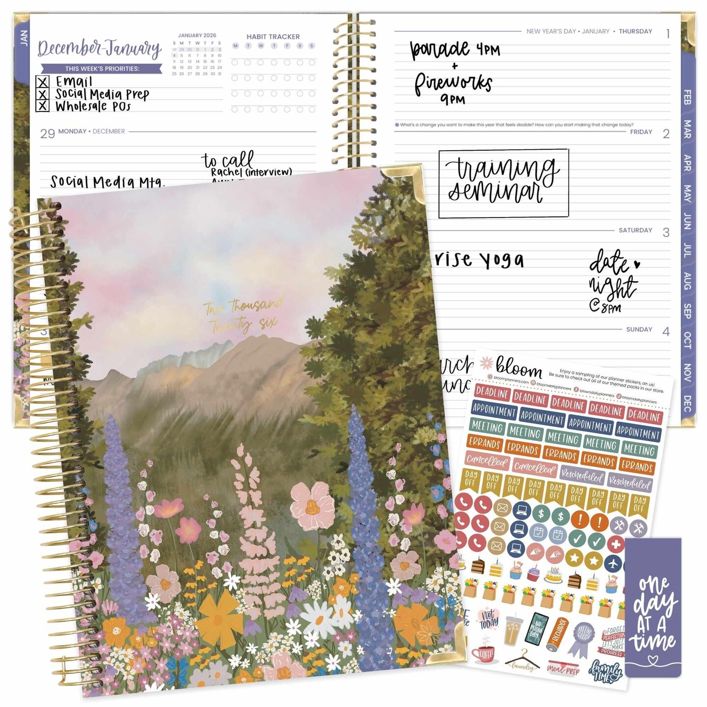 bloom daily planners 2026 Hard Cover Weekly & Monthly Planner, 8.5" x 11", Wildflower Mountainside