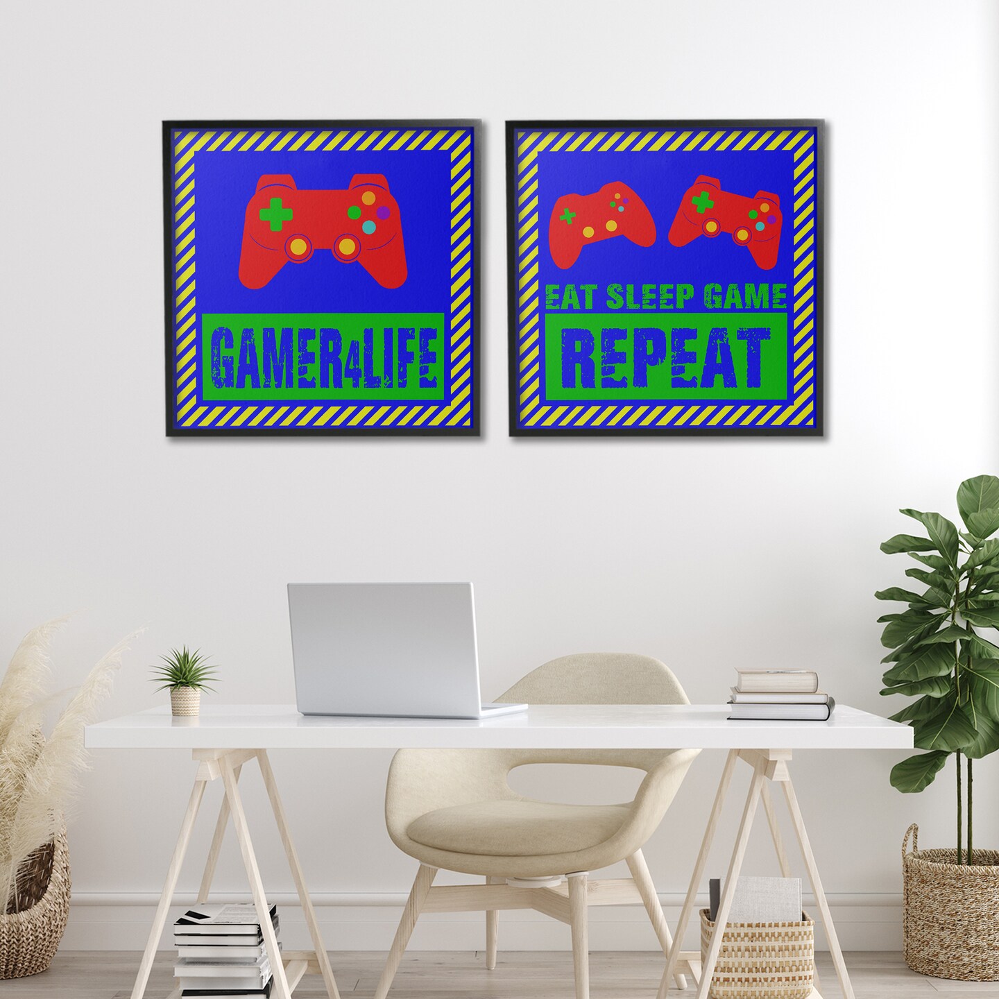 Stupell Industries Gamer Quotes with Stripes 2pc Framed Giclee Set, design by Marcus Prime
