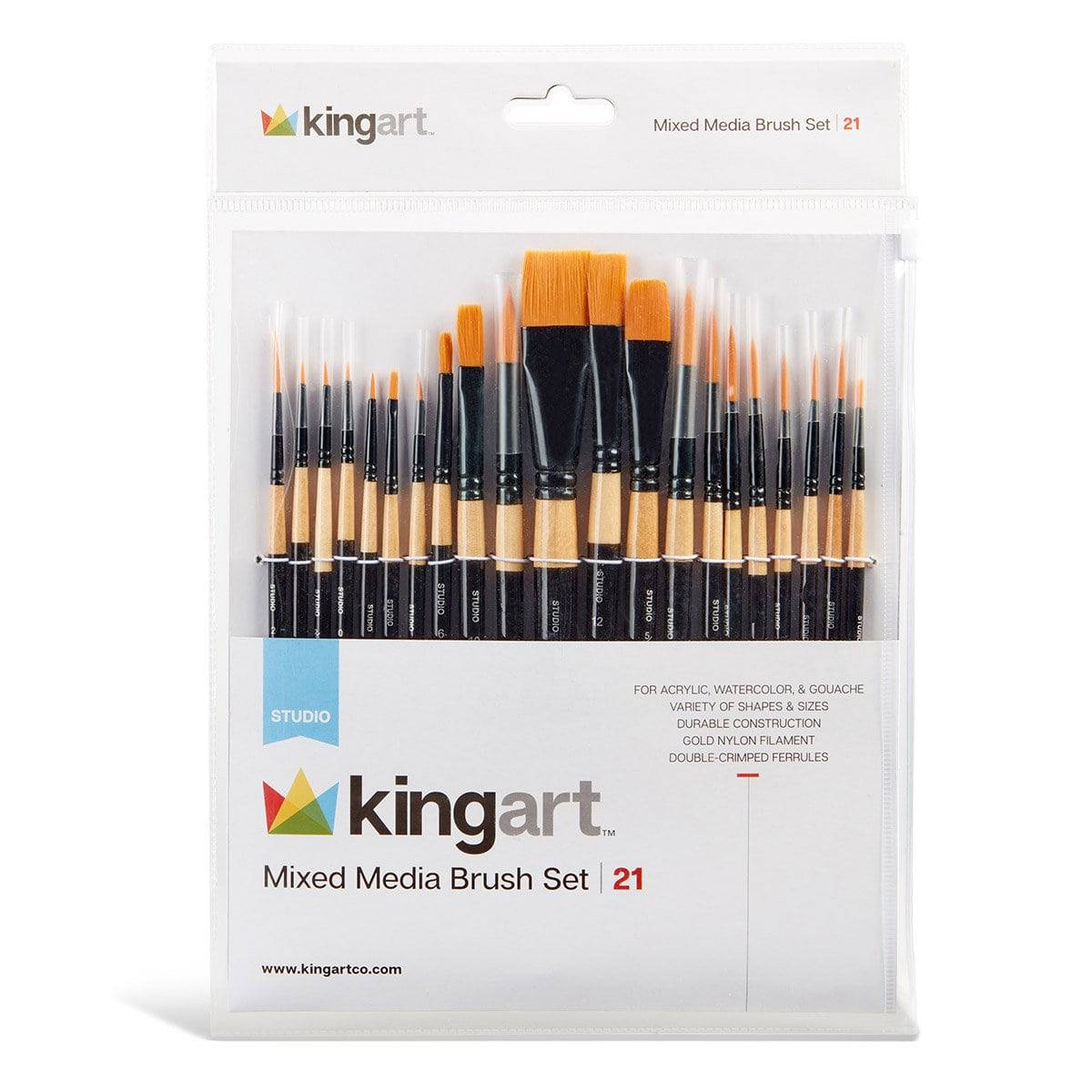 KINGART® Studio Golden Nylon Mixed Media Brush Set - 21 Pieces