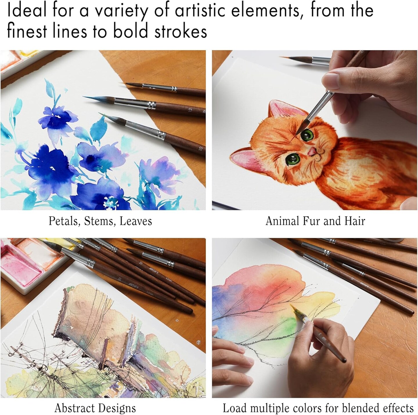 ARTIFY 4-Piece Professional Watercolor Liner Brush Set - Sable & Nylon Hybrid Extended Needle Point Detail Water Color Brushes for Fine Lines, Botanicals and Florals Painting