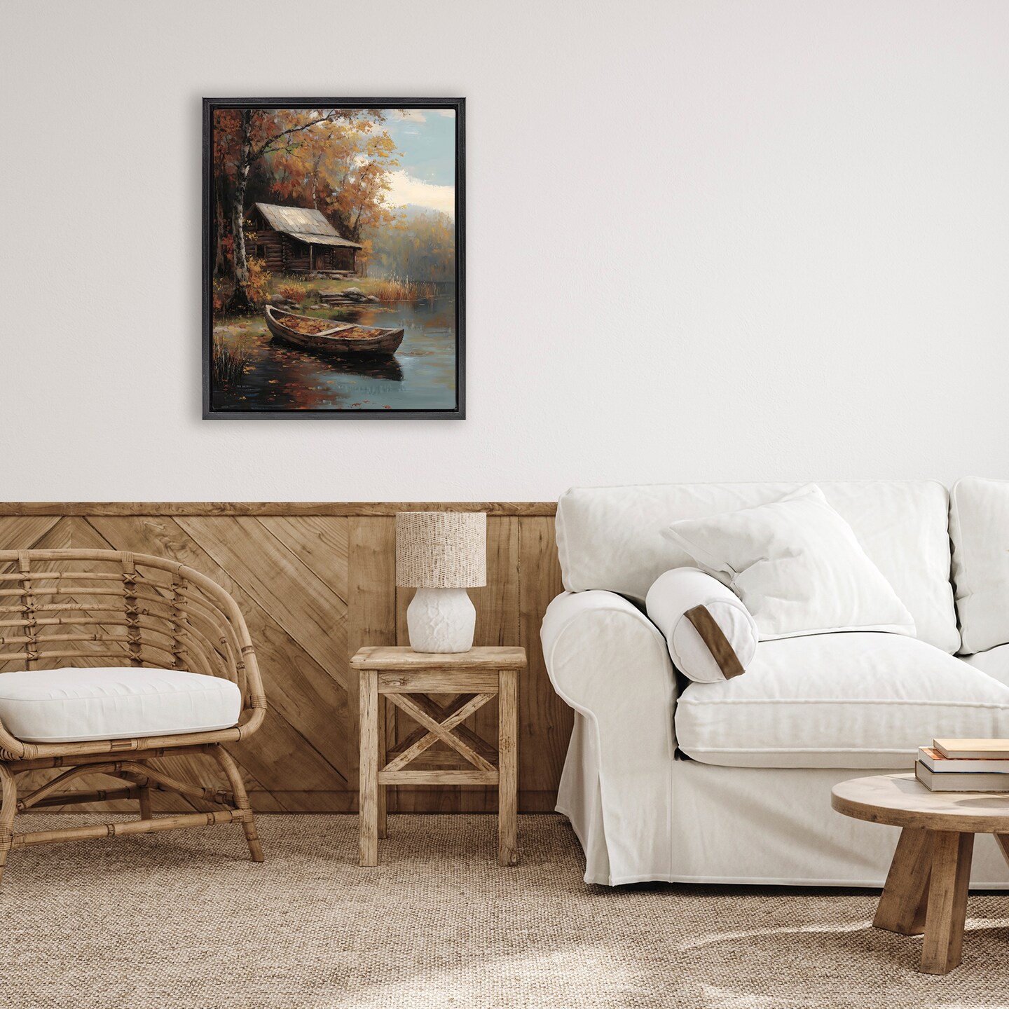 Stupell Industries Autumn Cabin Canoe with Leaves Floating Frame, design by Arlington Prints