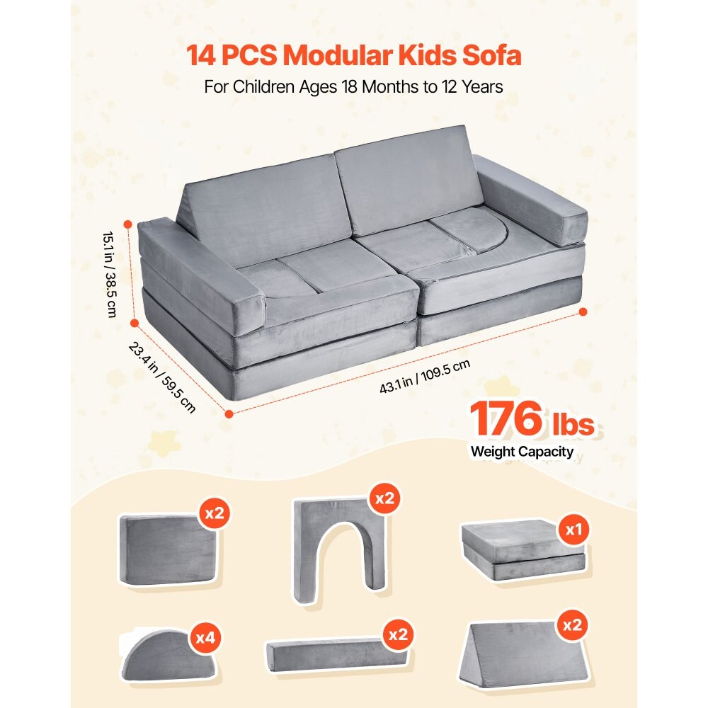 14-Piece Modular Kids Play Sofa – 28D Sponge, Short Plush Fabric, Creative Combination Couch (Gray)