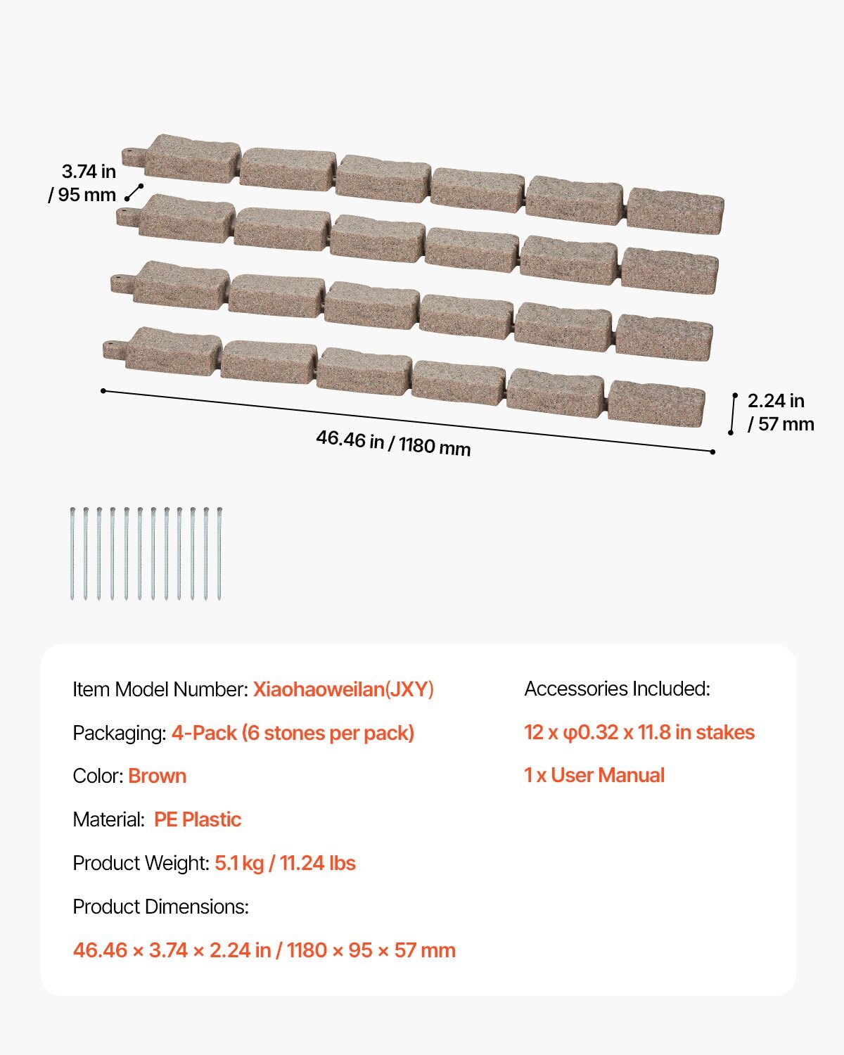 4-Pack Stone Landscape Edging 46.46in Brown PE Plastic Lawn Borders Garden Pathway Edges