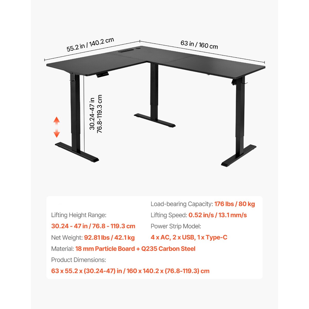 Electric Adjustable L Shaped Desk with Power Strip for Home Office