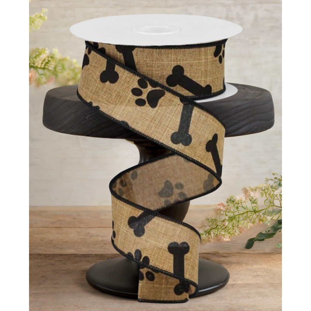 1.5&#x22; Paw Print Royal Ribbon: Tan &#x26; Black (10 Yards)