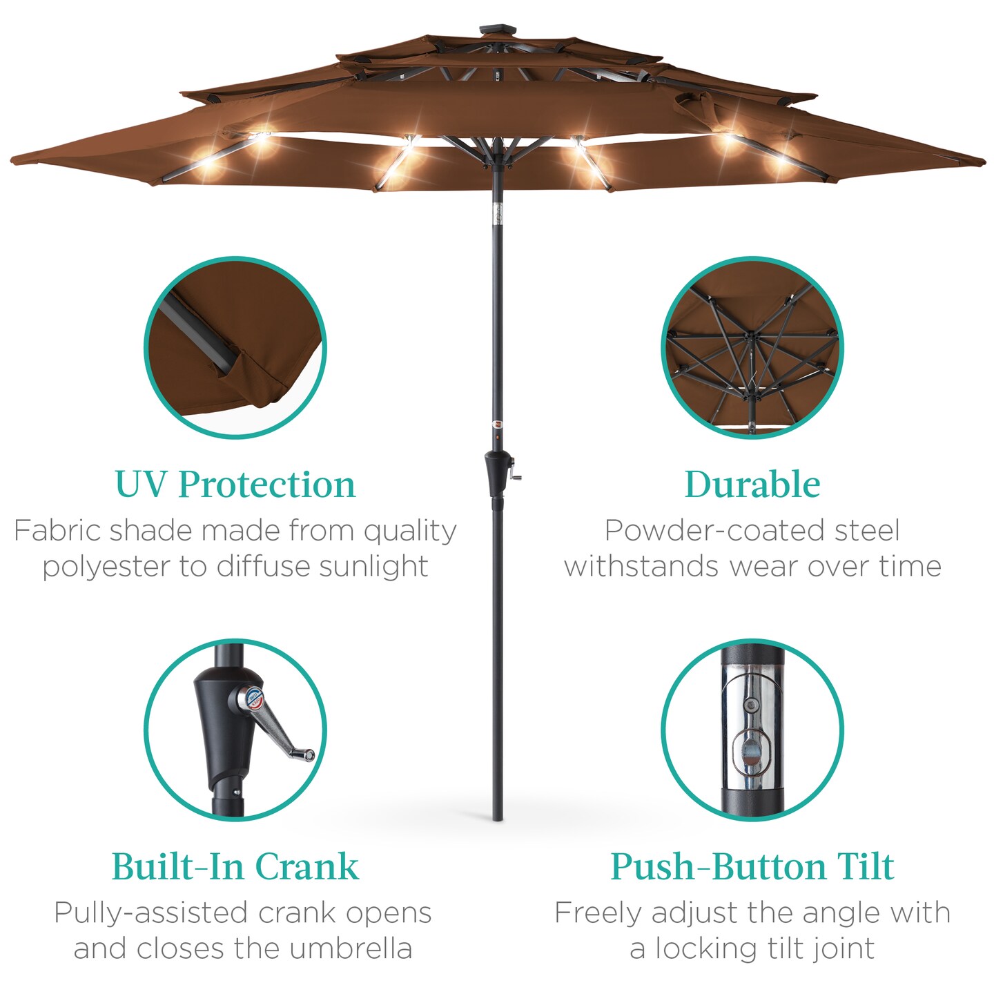 Best Choice Products 10ft 3-Tier Solar Patio Umbrella w/ 24 LED Lights, Tilt Adjustment, Easy Crank