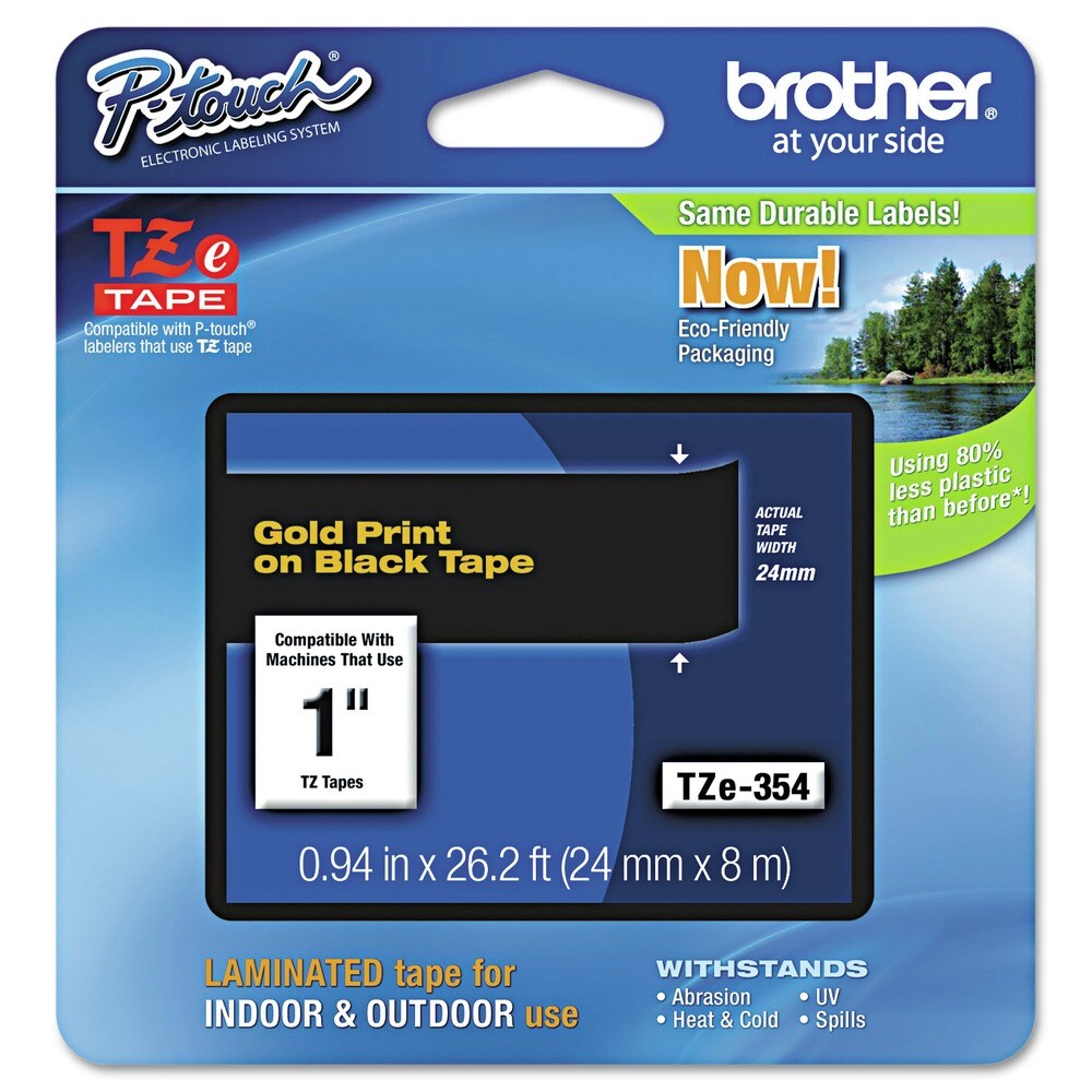 Brother P-Touch 0.94 in. x 26.2 ft. TZe Standard Adhesive Laminated Labeling Tape - Gold on Black