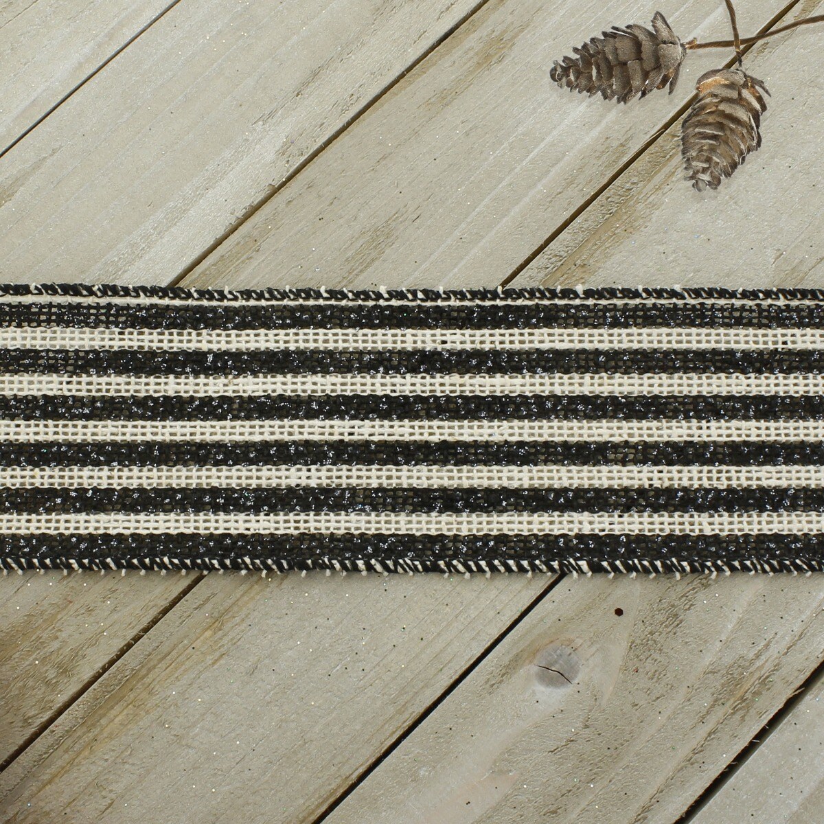 2 1/2&#x22; Wired Ribbon Black/Off-White Narrow Farmhouse Stripes Burlap - 10 Yards