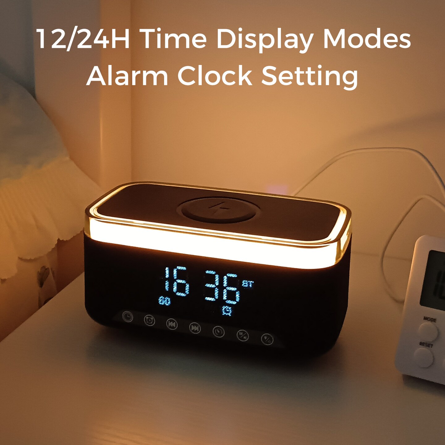 Bluetooth Speaker Alarm Clock w/ 15W Fast Wireless Charging, 13 Night Light modes, Rechargeable Battery, 10W Stereo Speaker, 12/24H Digital Clock, Sleep Timer, White Noise Mode, USB Drive