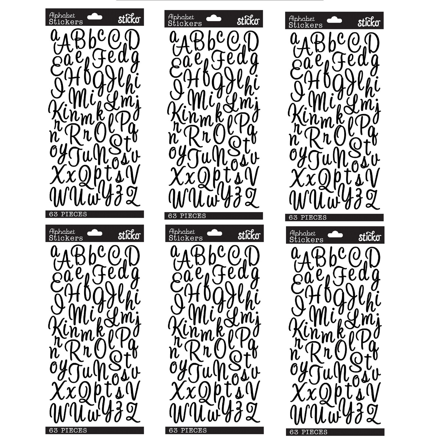Multipack of 6 - Sticko Alphabet Stickers - Sweetheart Script, Black, 63pcs