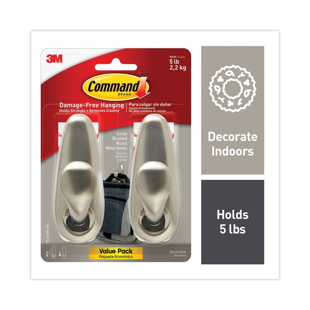 Command 5 lbs. Capacity Adhesive Mount Metal Hook - Large Brushed Nickel Finish (2/Pack)