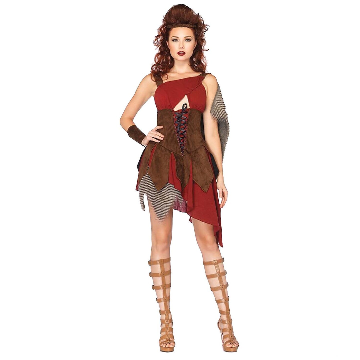 Women’s Huntress Costume Brown Dress Fur Accents Wrist Headpiece