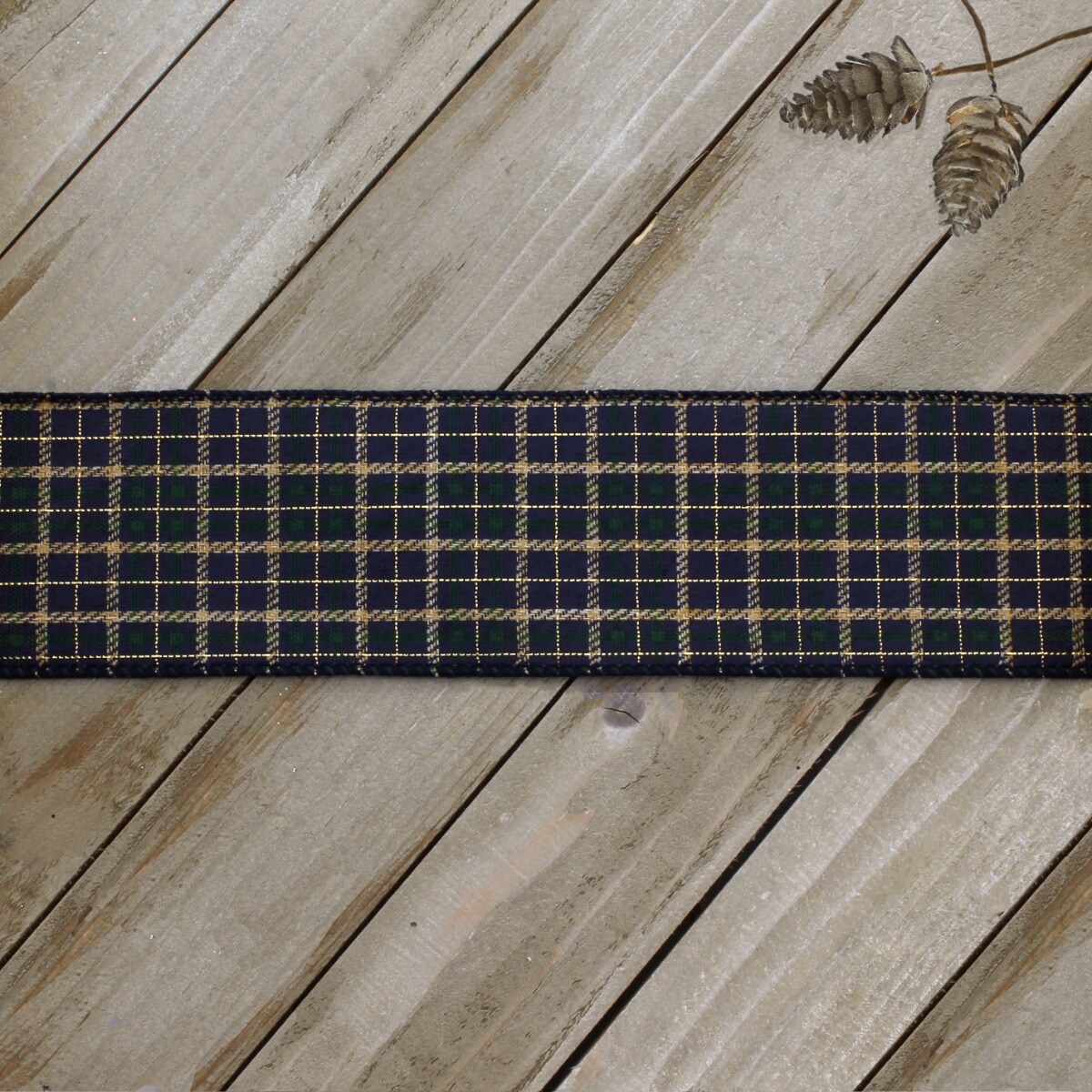 2 1/2&#x22; Wired Ribbon Navy/Emerald Green Tartan Plaid 10 Yards