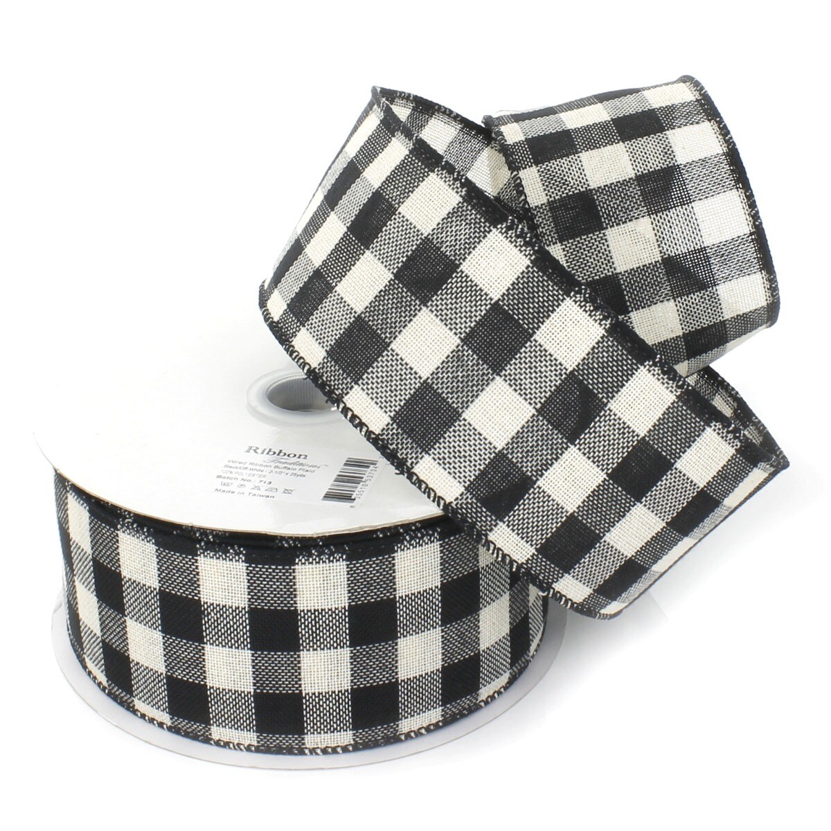 2 1/2&#x22; Wired Ribbon Buffalo Plaid Black/Off-White 10 Yards