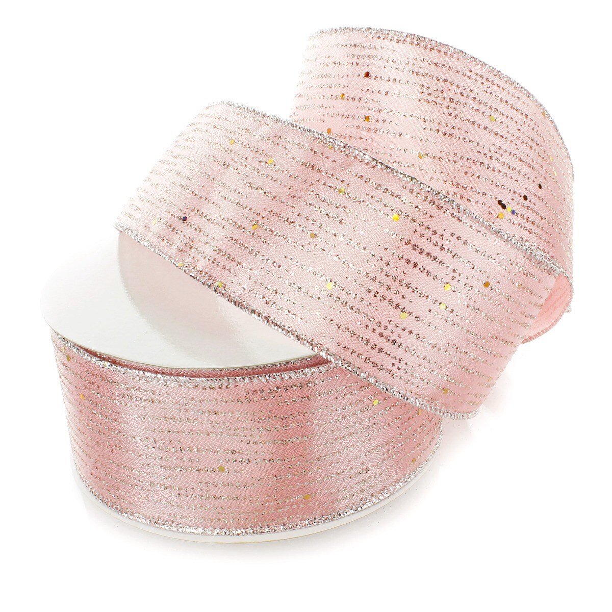2 1/2" Wired Ribbon Horizontal Glitter/Sequin Stripes Solid Rose Gold/Silver - 25 Yards