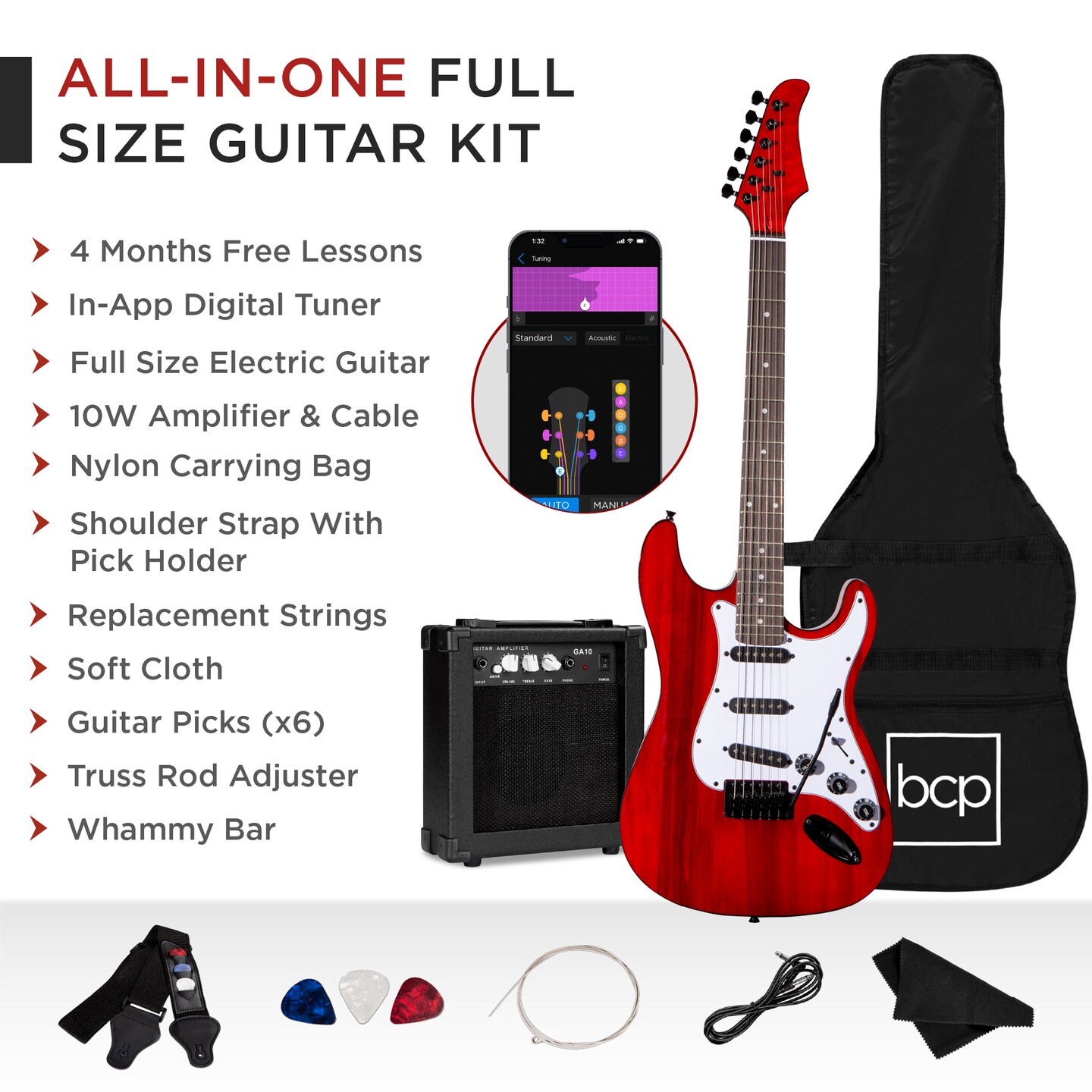Best Choice Products 39in Full Size Beginner Electric Guitar Kit with Case, Strap, Amp, Whammy Bar
