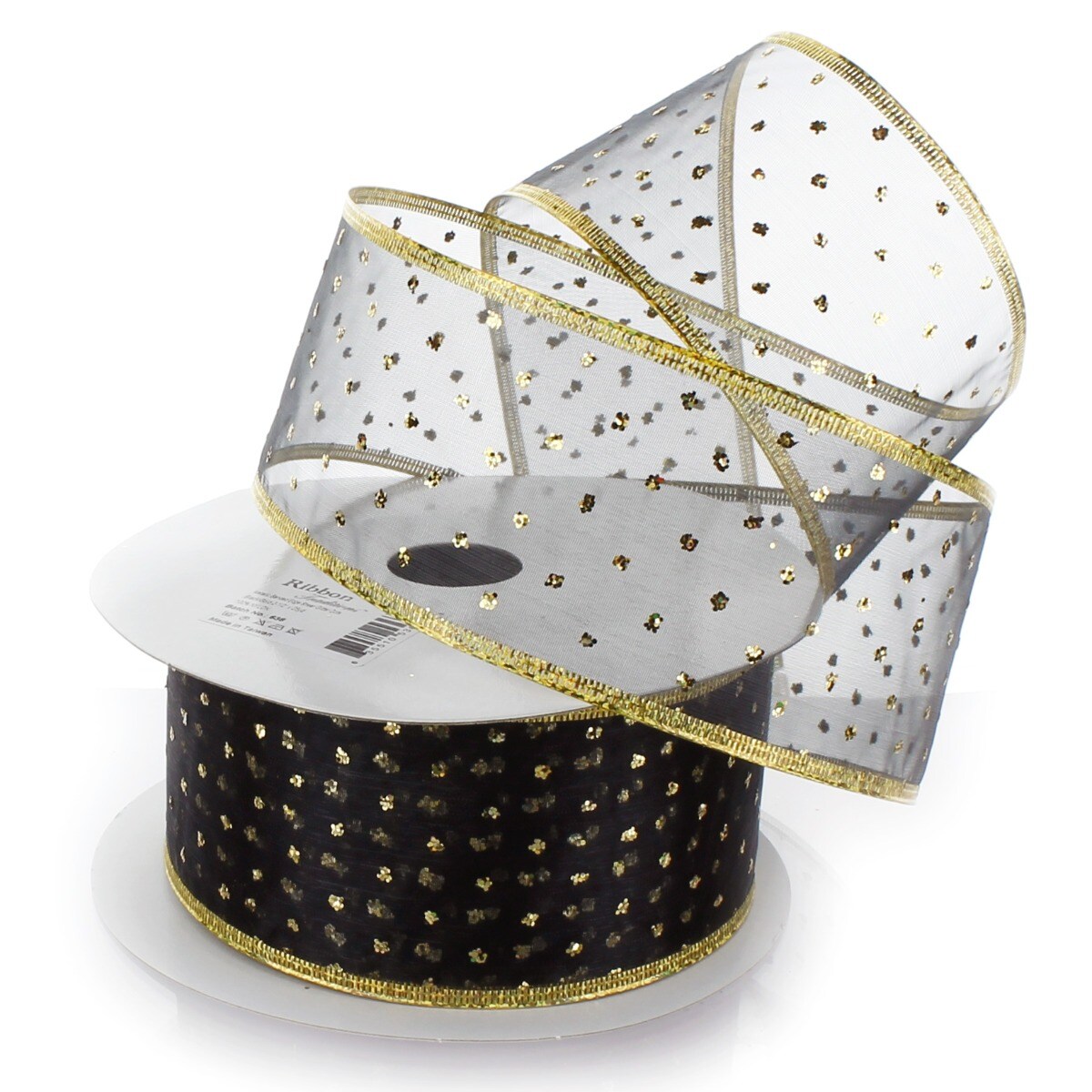 2 1/2" Wired Ribbon Metallic Banded Edge Sheer Glitter Dots Black/Gold - 10 Yards