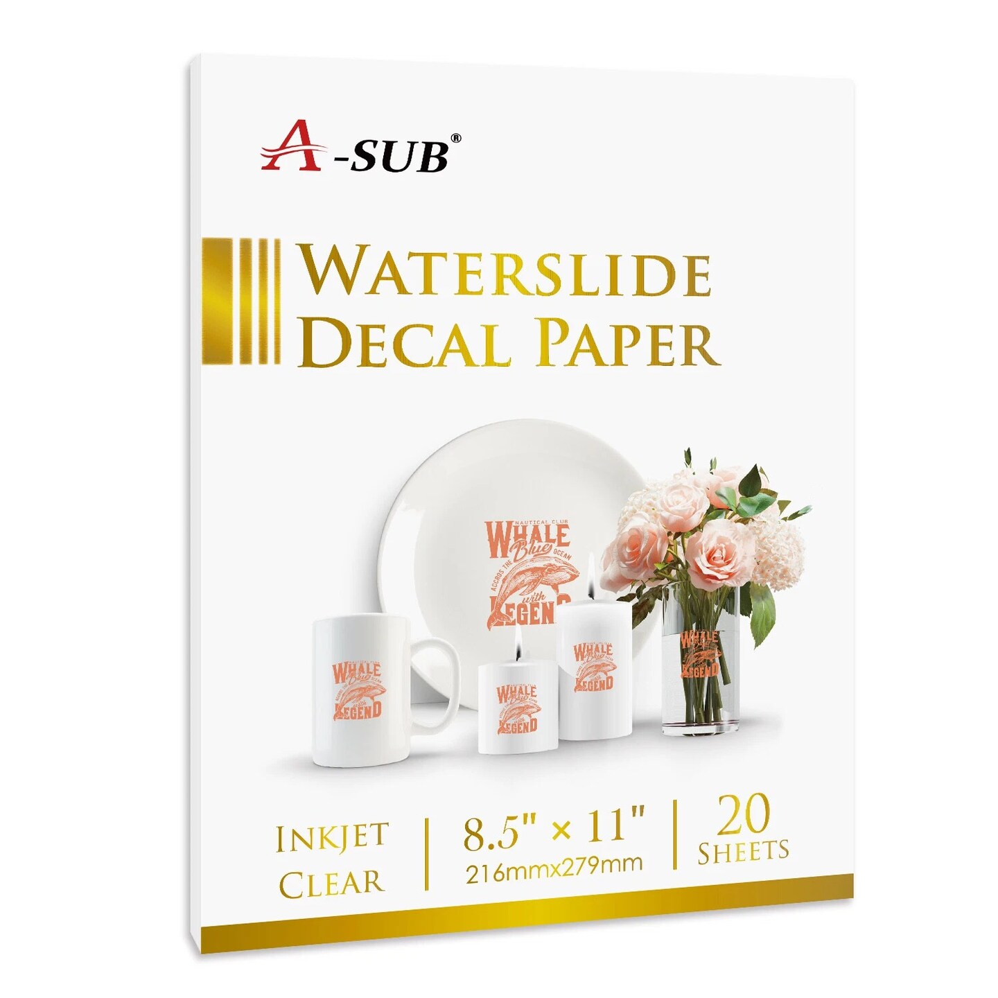 A-SUB Waterslide Decal Paper for Inkjet, Clear 8.5" x 11", 20 Sheets