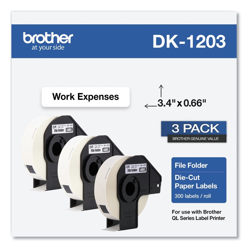 Brother 0.66 in. x 3.4 in. Die-Cut File Folder Labels - White (3-Rolls/Pack)