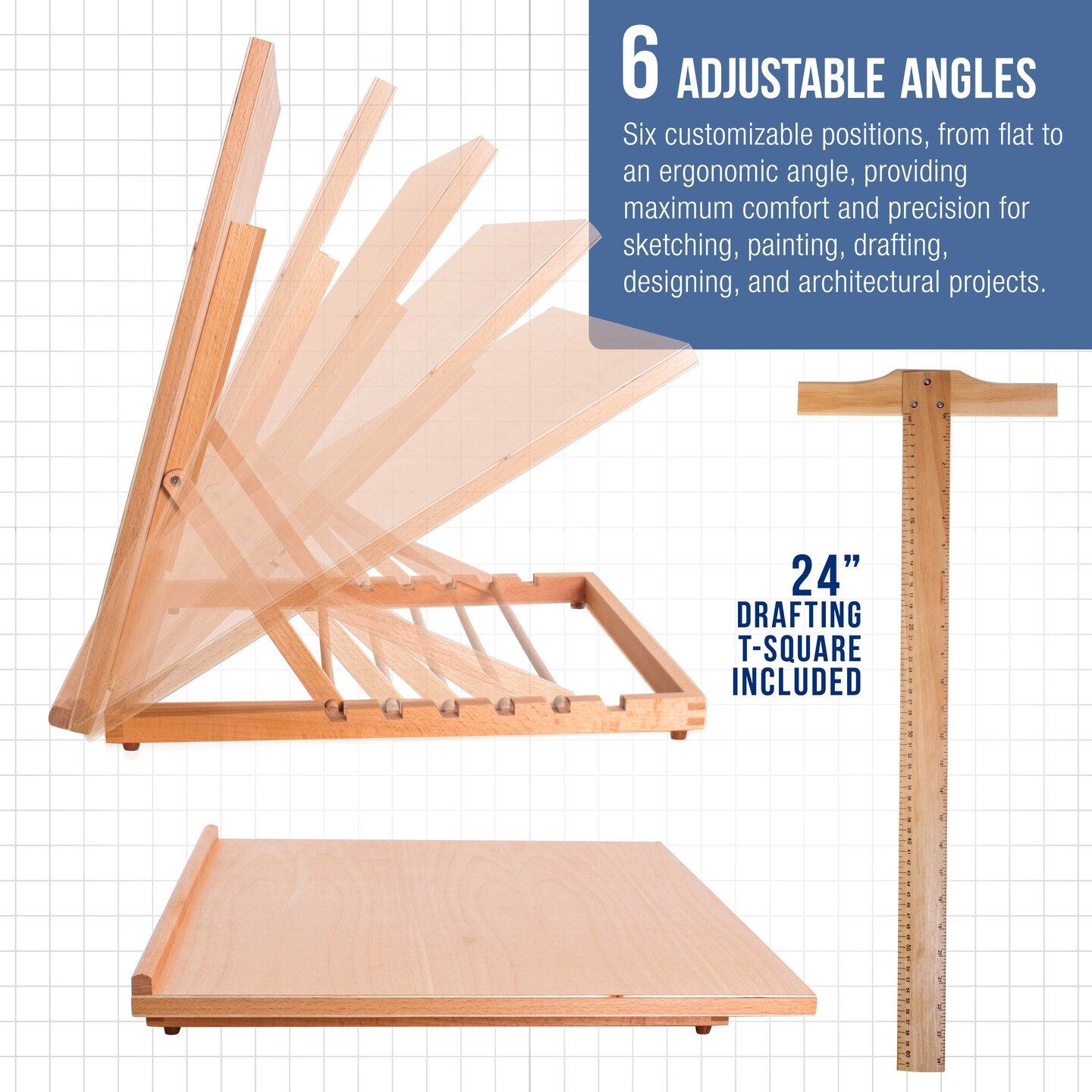 X-Large 26&#x22; x 21&#x22; Adjustable Wood Art Drawing Board - 6 Angles, Beechwood Construction, Pencil Ledge, 24&#x22; T-Square - Ideal for Design, Drafting &#x26; Architecture Work