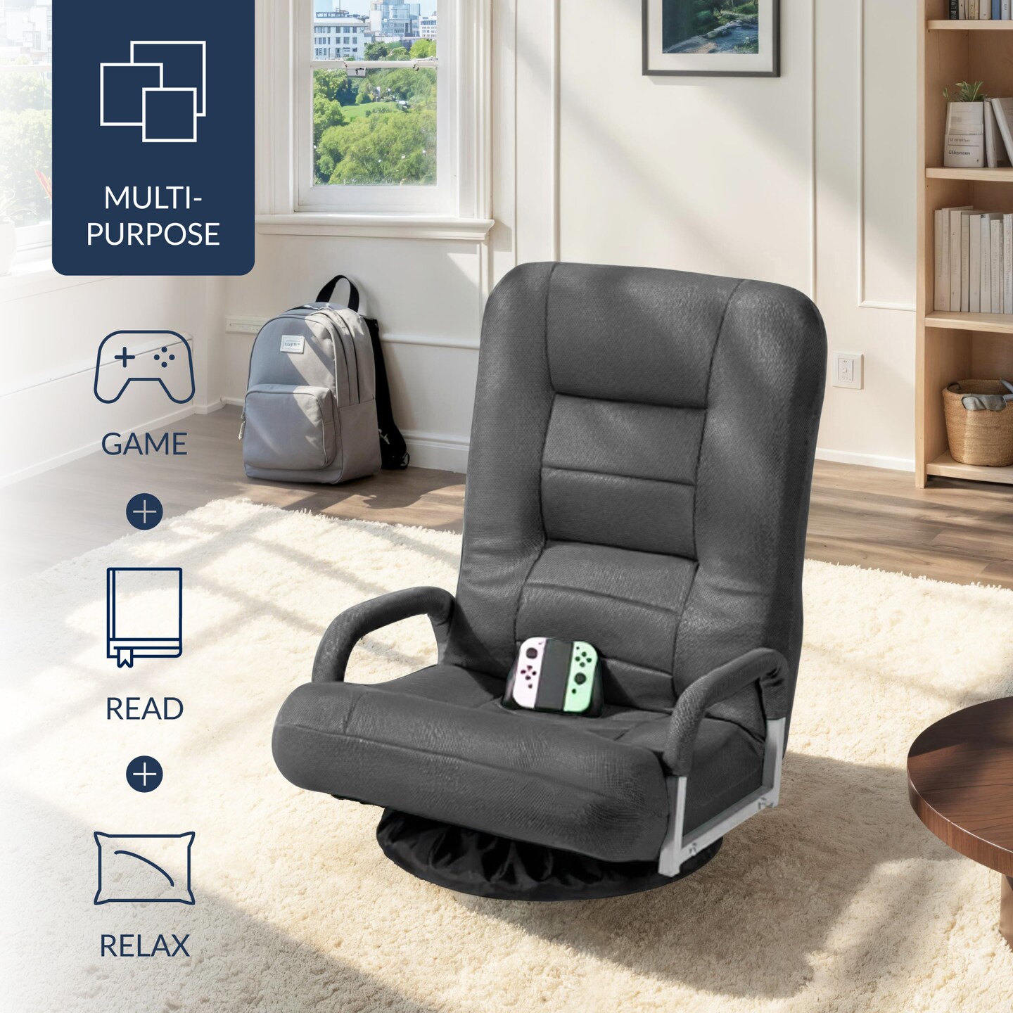 Best Choice Products 360-Degree Swivel Gaming Floor Chair w/ Armrest Handles, Foldable Adjustable Back