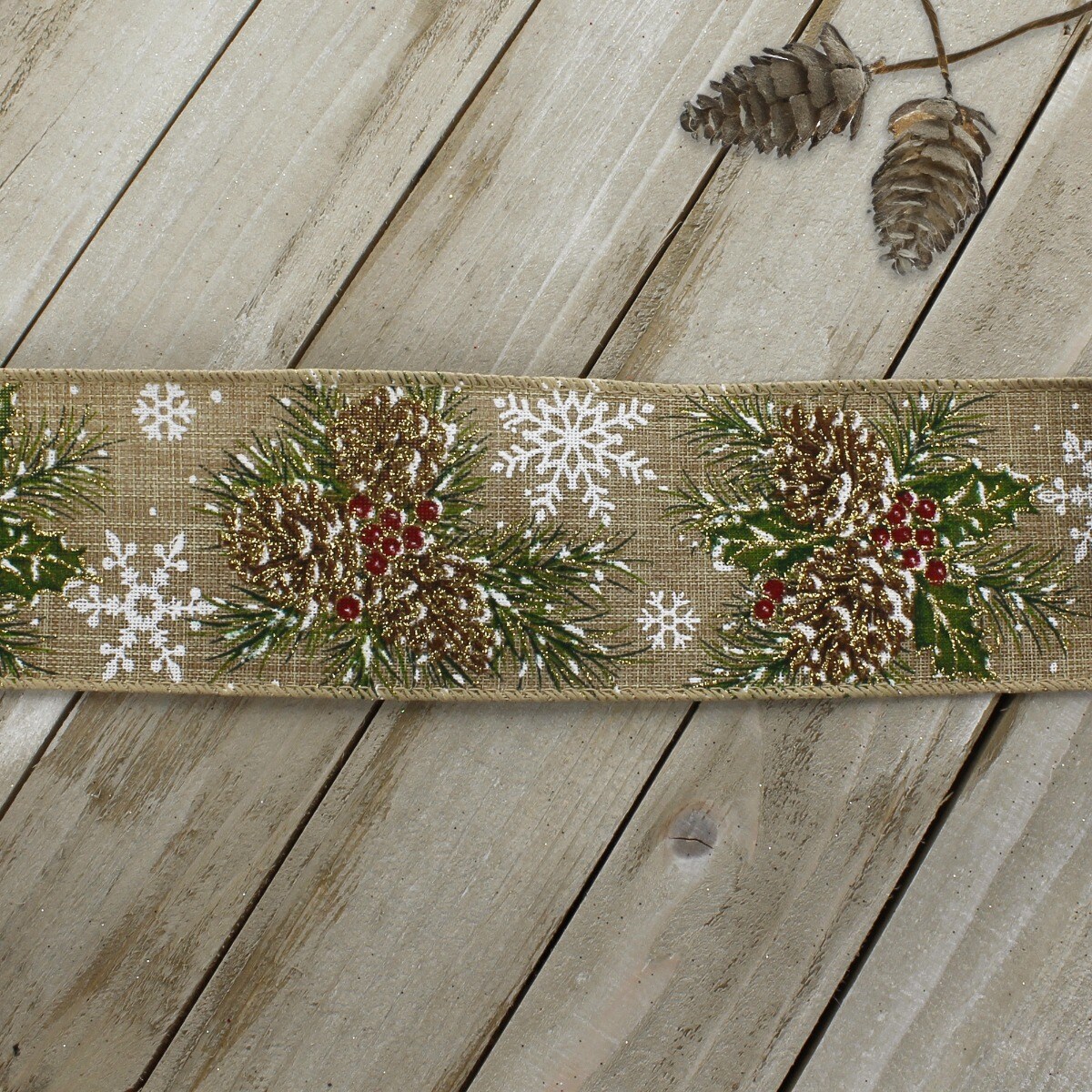 2 1/2" Wired Ribbon Pinecones Natural Burlap - 25 Yards