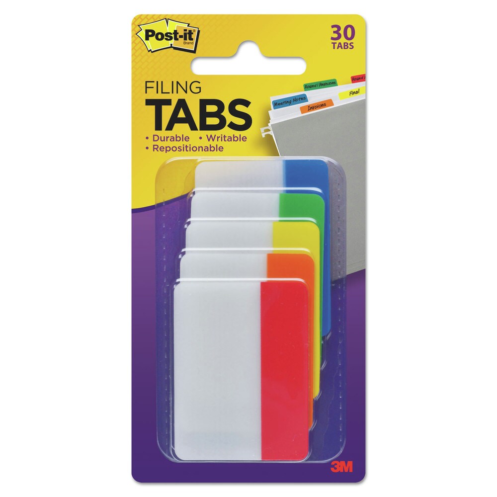 Post-it Tabs 2 in. Wide 1/5-Cut Solid Color Tabs - Assorted Colors (30/Pack)
