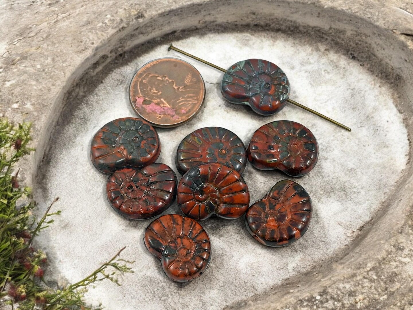 *12* 16x13mm Burnt Sienna Orange Travertine Ammonite Snail Shell Beads