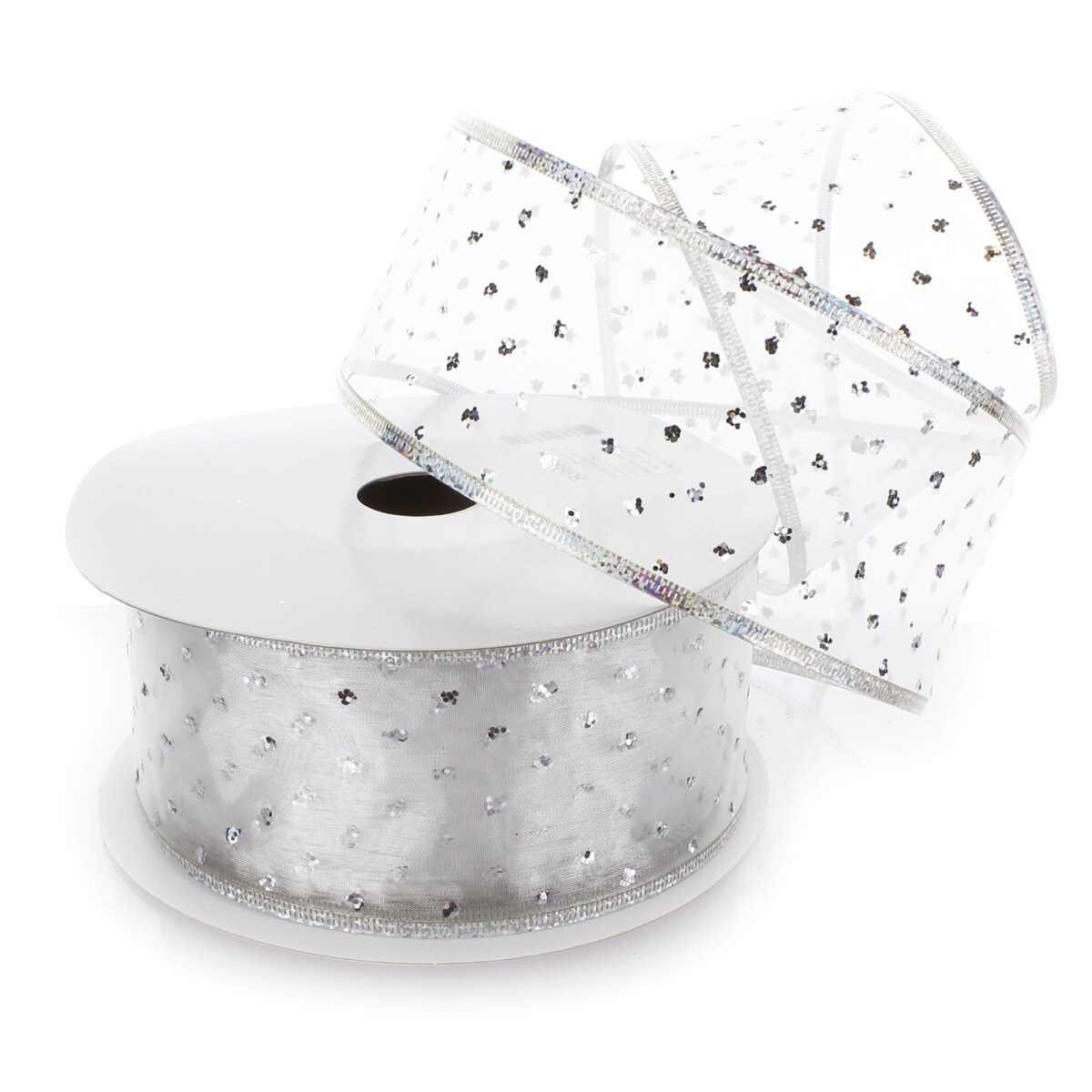 2 1/2" Wired Ribbon Metallic Banded Edge Sheer Glitter Dots Silver - 25 Yards