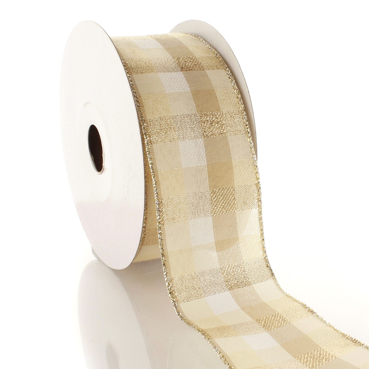 2 1/2&#x22; Wired Ribbon Cream/Gold Shimmer Plaid 10 Yards