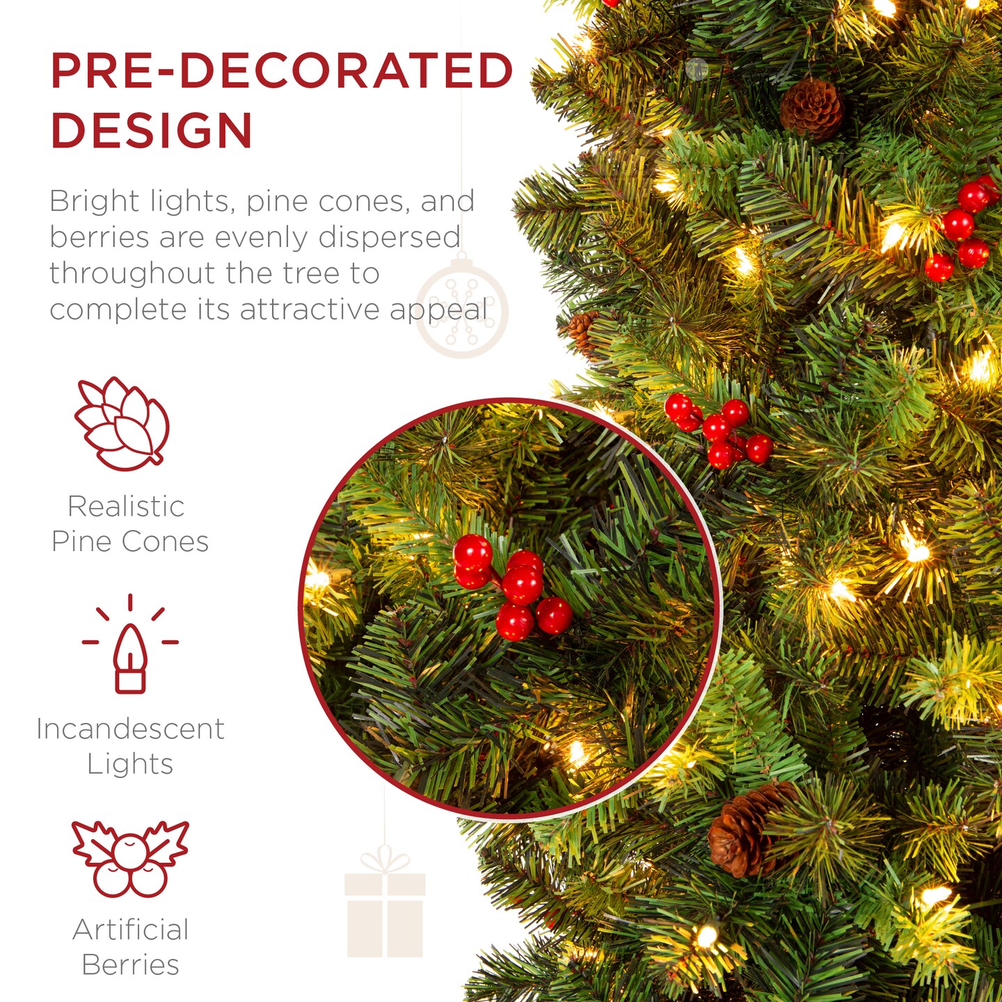 Best Choice Products Pre-Lit Pencil Christmas Tree Pre-Decorated Holiday Accent w/ Base