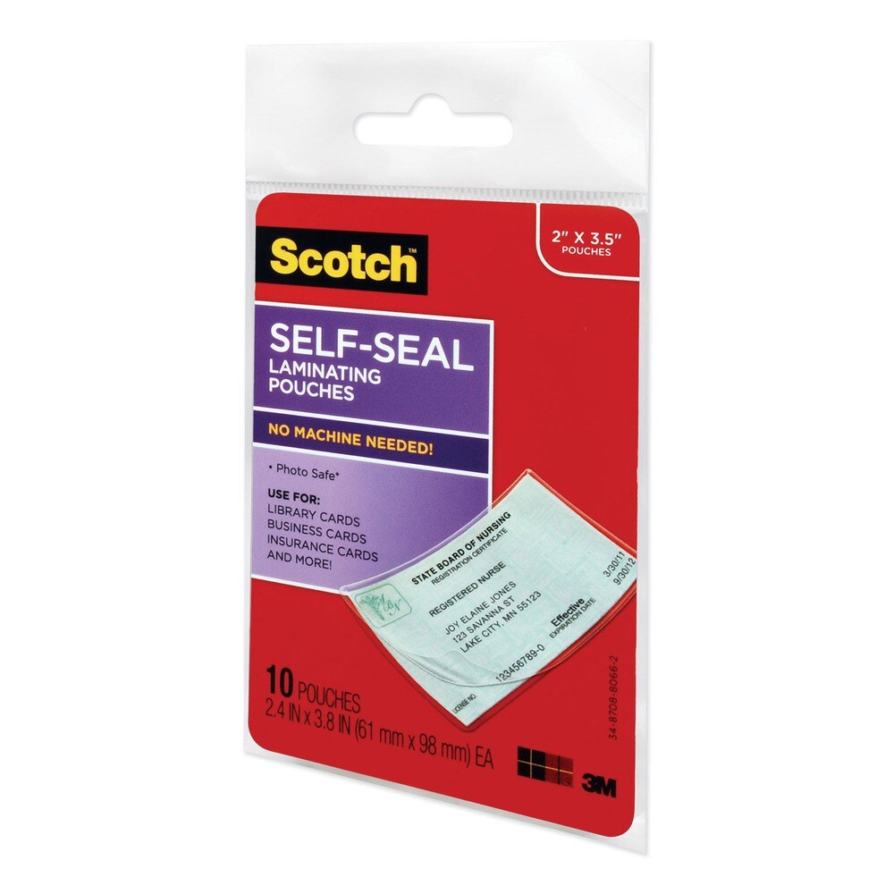 Scotch 3.8 in. x 2.4 in. 9 mil. Self-Seal Laminating Pouches - Gloss Clear (10/Pack)