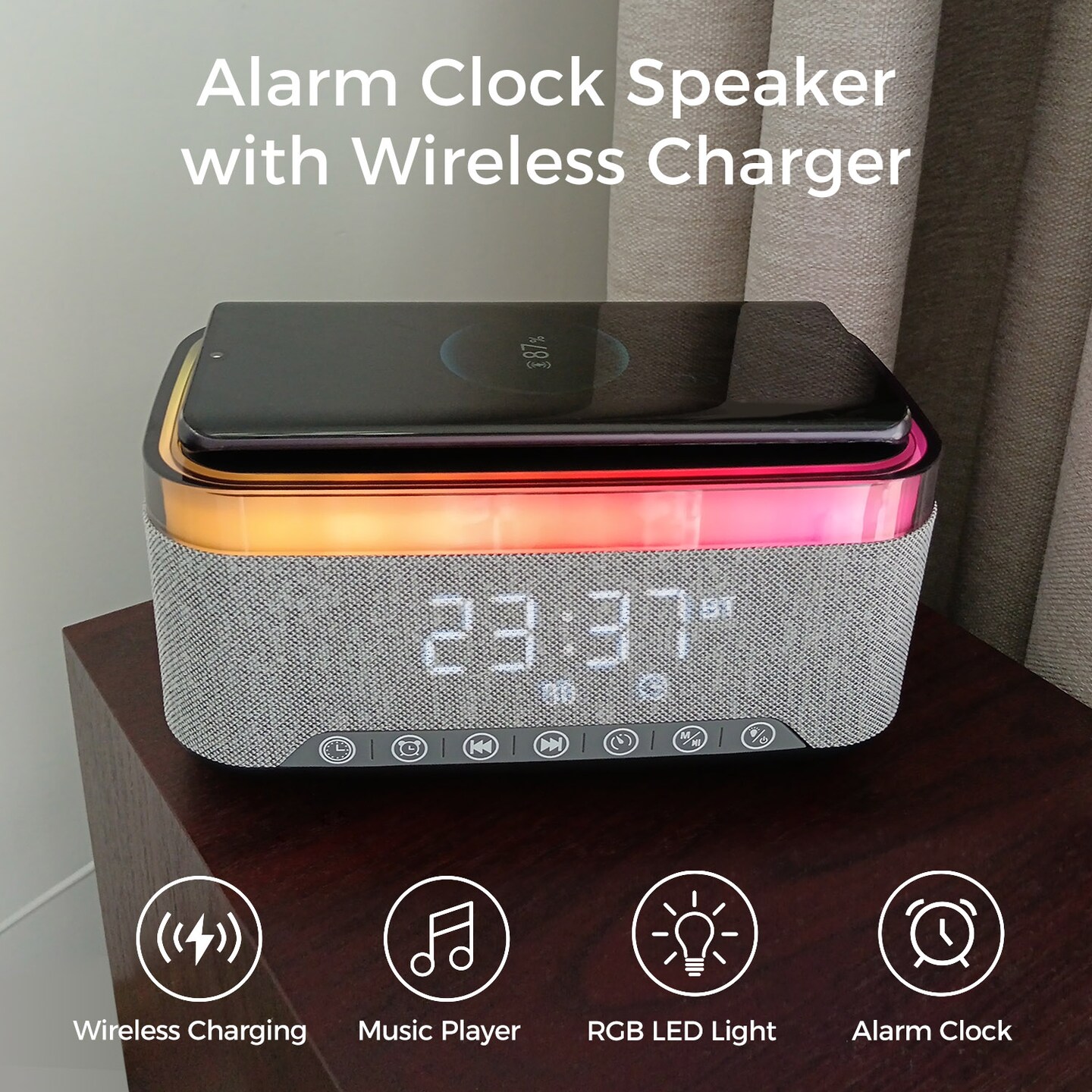Bluetooth Speaker Alarm Clock w/ 15W Fast Wireless Charging, 13 Night Light modes, Rechargeable Battery, 10W Stereo Speaker, 12/24H Digital Clock, Sleep Timer, White Noise Mode, USB Drive