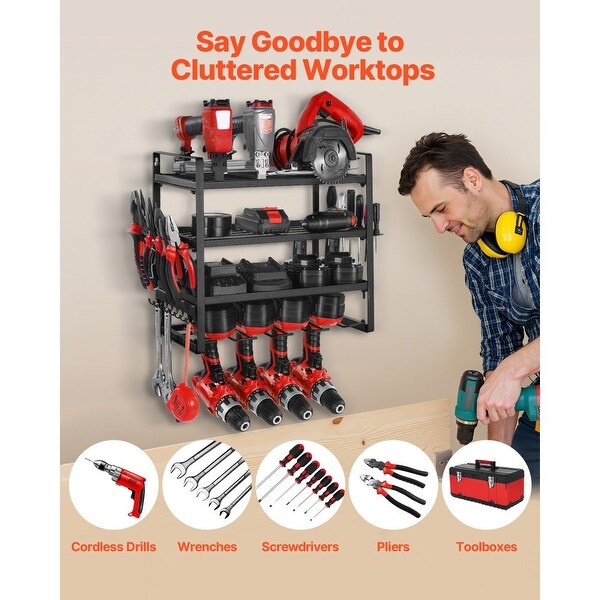 4-Tier Black Wall-Mounted Power Tool Rack with Drill Slots Shelves and Hooks for Garage Storage