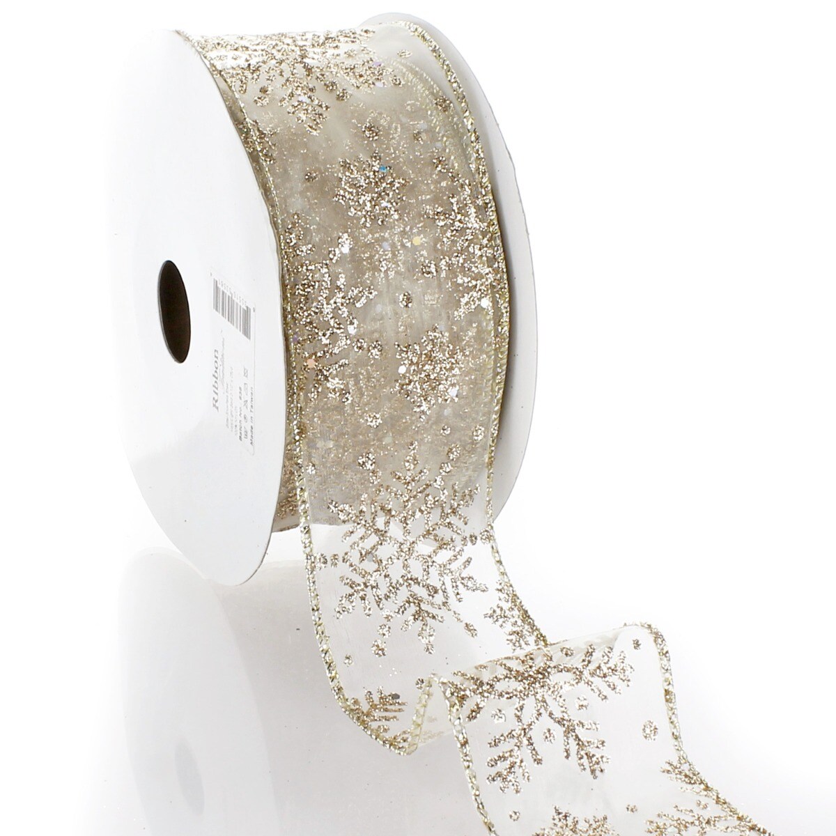 2 1/2" Wired Ribbon Glitter Snowflakes Sheer Ivory/Gold - 10 Yards