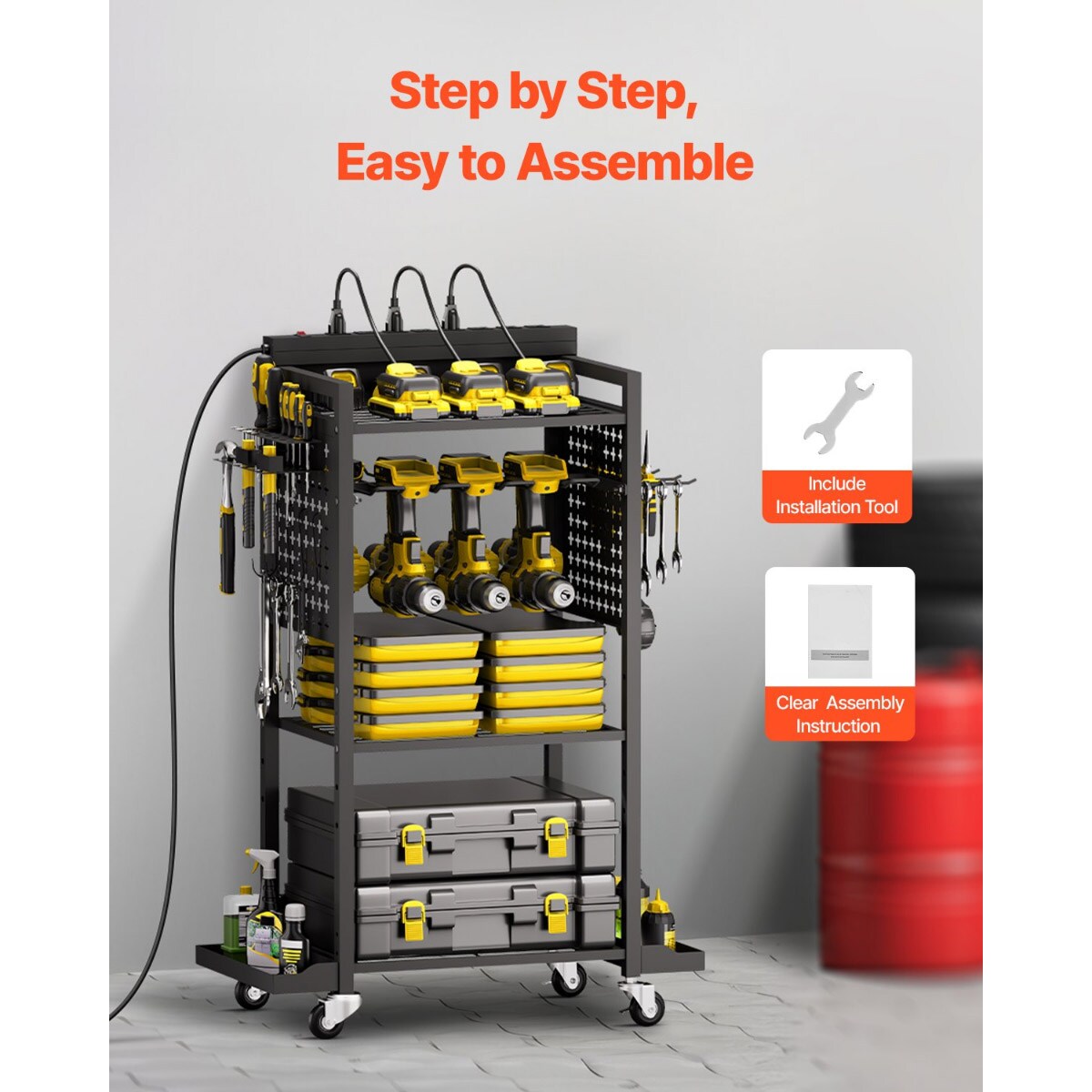 4-Tier Metal Tool Organizer Cart with Charging Station Pegboard and Wheels for Garage Storage