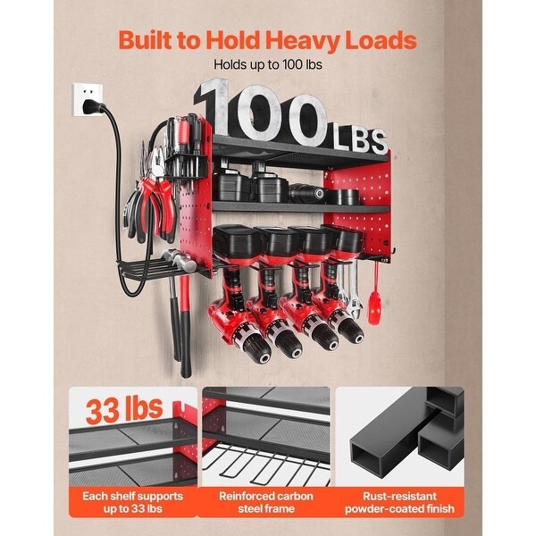 3-Tier Wall Hanging Tool Rack with Built-In 8-Outlet Power Strip and Adjustable Middle Shelf