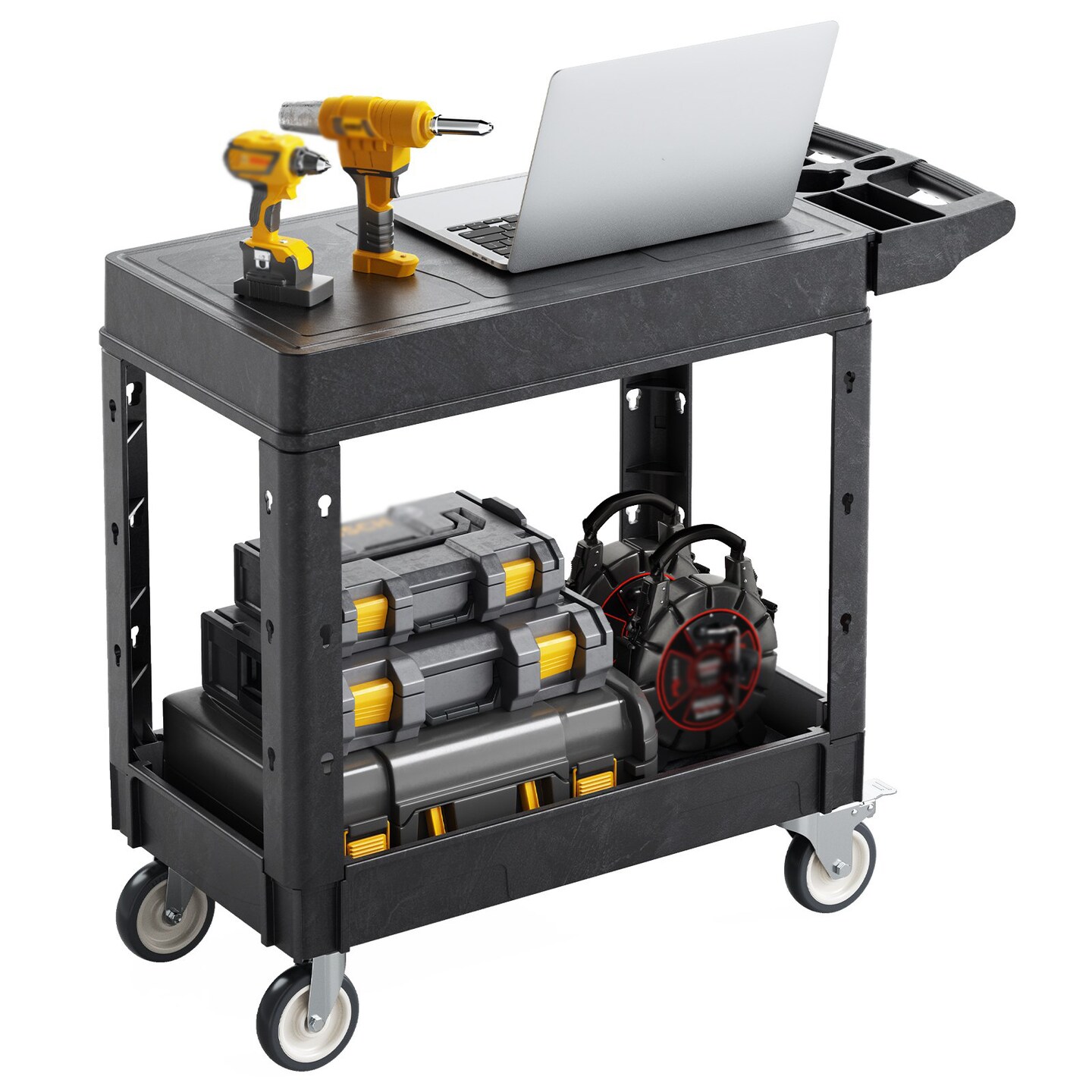 Black Heavy-Duty 2-Shelf Utility Cart with Tool Storage Lockable Wheels and Large Metal Frame