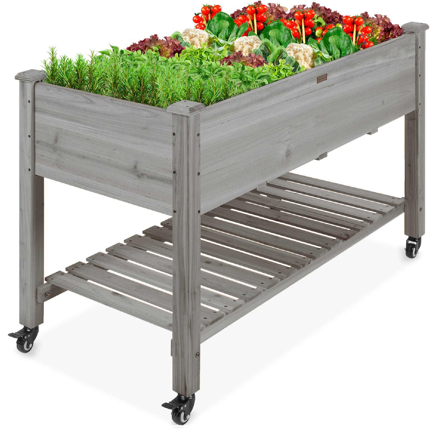 Best Choice Products Raised Garden Bed 48x23x32in Wood Mobile Elevated Planter w/ Wheel Locks, Shelf, Liner