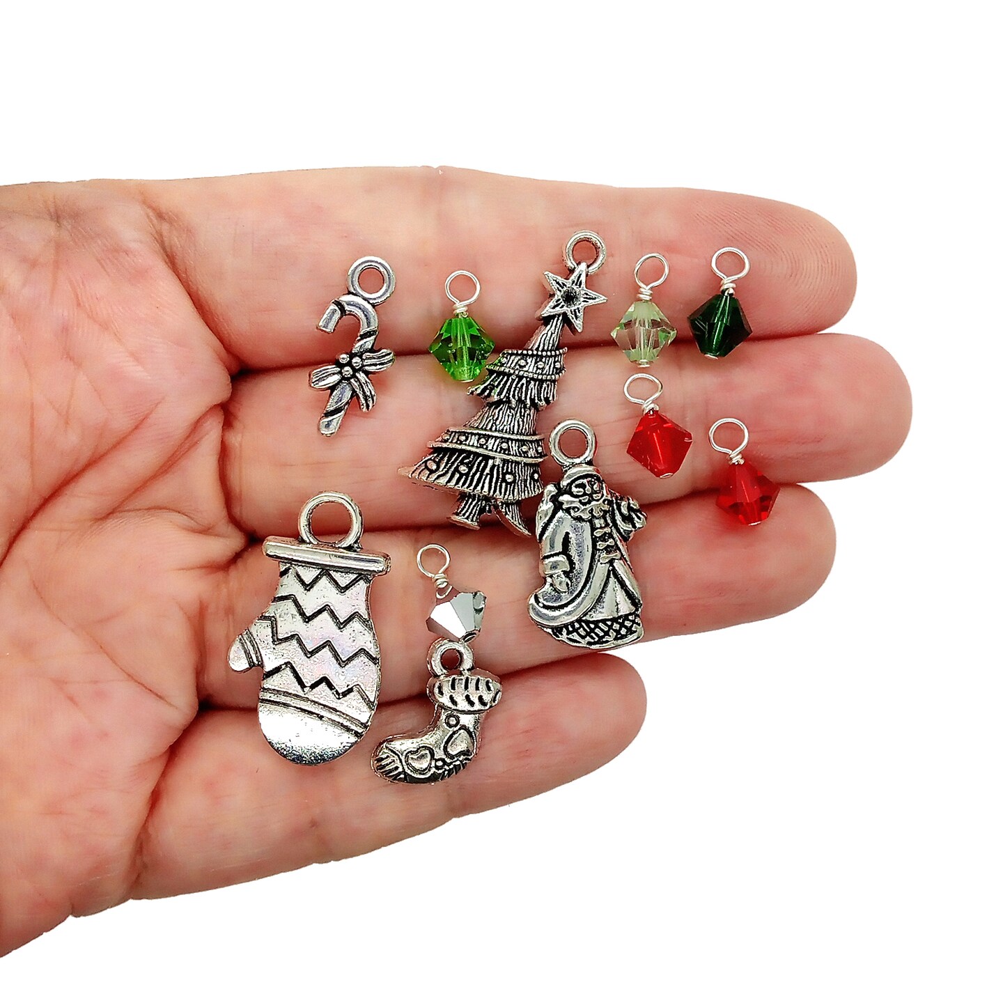 Christmas Charms, Metal Charms with Crystal Bead Dangles, 23 piece Assortment, Adorabilities