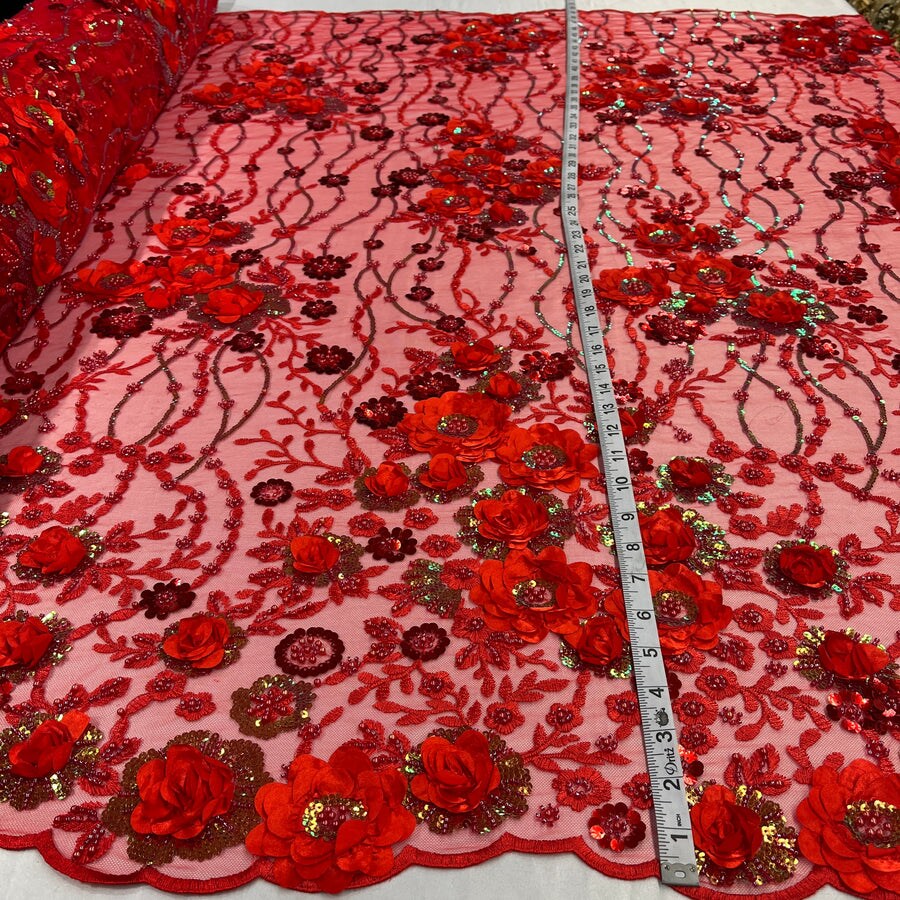 1 Yard Sparkling Beaded and Sequined 3D Floral Lace Fabric Embroidered on 100% Polyester Net Mesh White