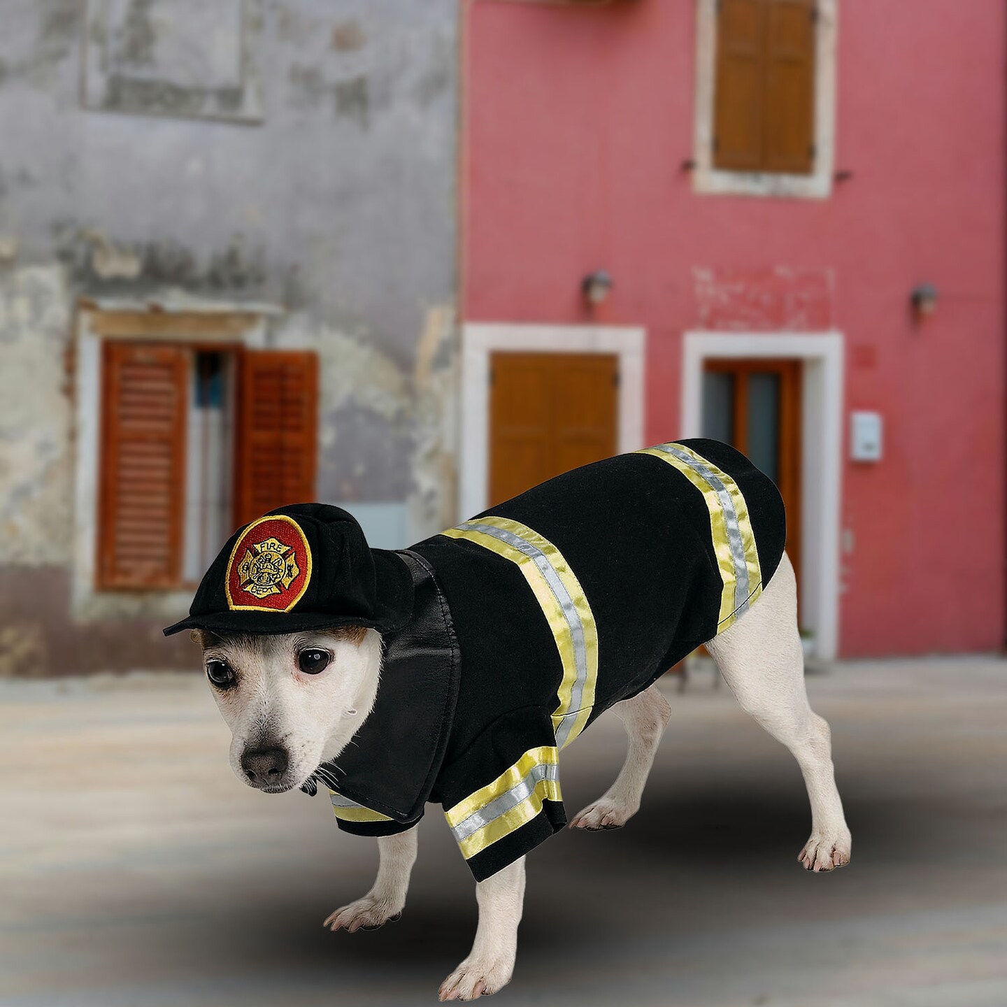 Firefighter Pet Costume Dog Outfit with Hat for Halloween Parties