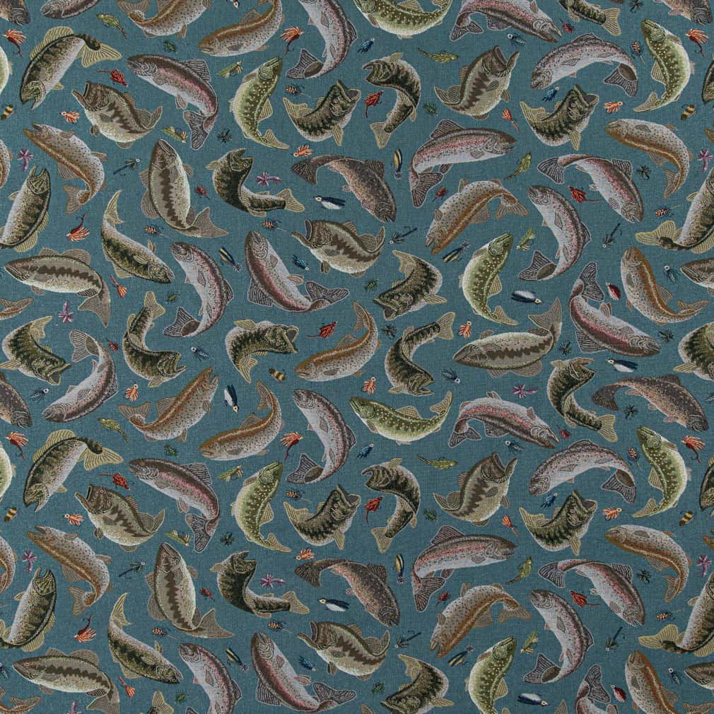 Fishing Aqua - Aqua & Teal,Blue Novelty Upholstery Fabric 54 Inches"