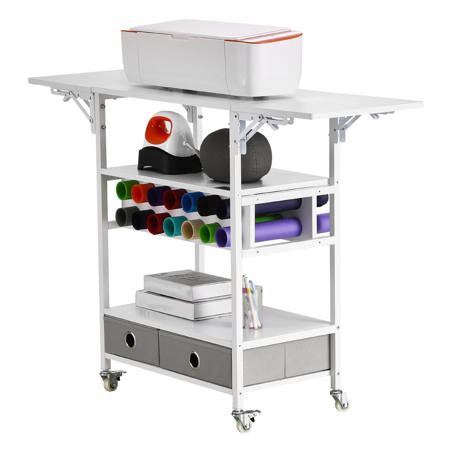 Foldable Rolling Craft Organizer with 2 Drawers and Vinyl Rack Ideal for Creative Spaces
