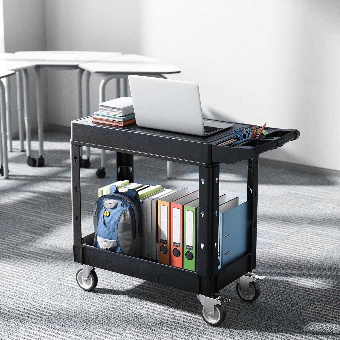 Black Heavy-Duty 2-Shelf Utility Cart with Tool Storage Lockable Wheels and Large Metal Frame
