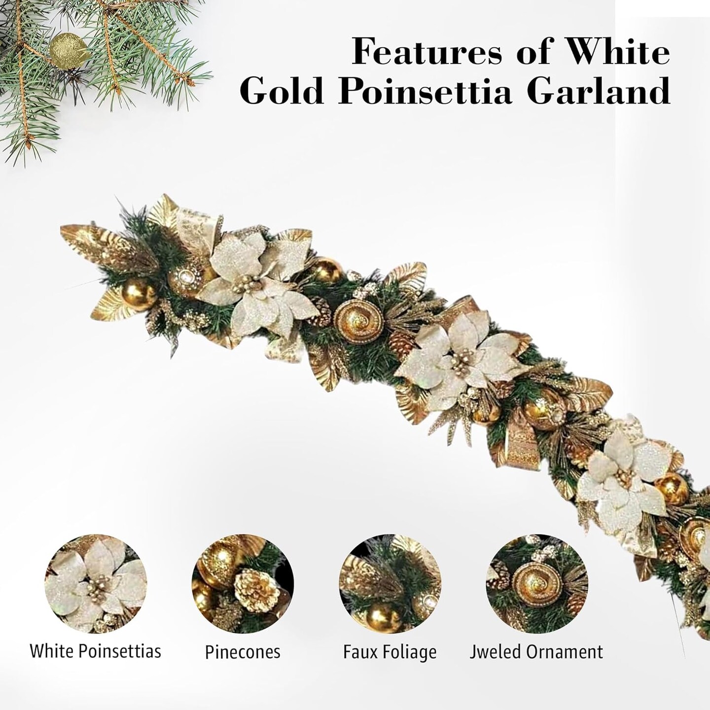White Gold Poinsettia Garland - Handcrafted Christmas Garland - Holiday Tree