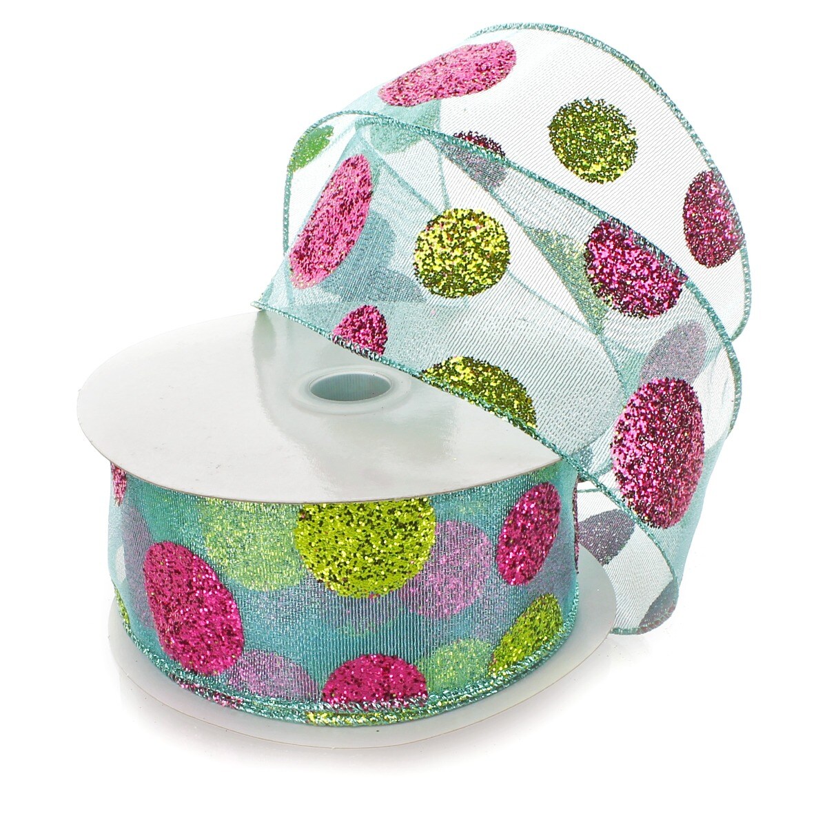 2 1/2" Wired Ribbon Large Glitter Dots Turquoise/Apple/Hot Pink - 10 Yards