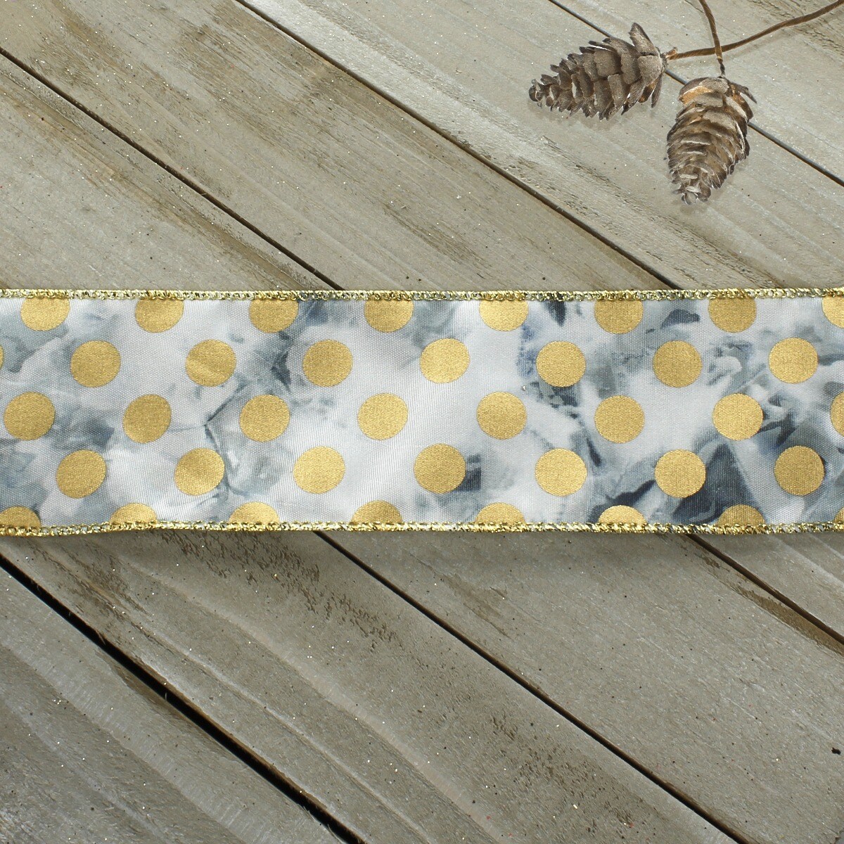 2 1/2" Wired Ribbon Tie-Dye - Gold Shimmer Dots Navy Blue - 10 Yards