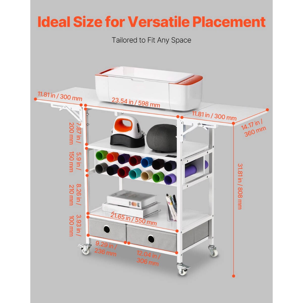 Foldable Rolling Craft Organizer with 2 Drawers and Vinyl Rack Ideal for Creative Spaces