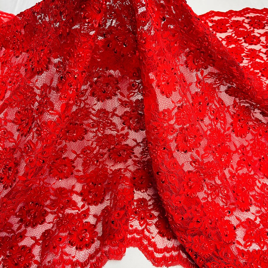 1 Yard Elegant Beaded and Corded Lace Fabric Embroidered on 100% Polyester Net Mesh White